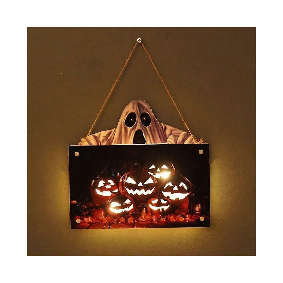 Halloween Pumpkin Hanging Sign,  New Halloween Front Door Welcome Sign LED Ghost Logo Halloween Door Decor
