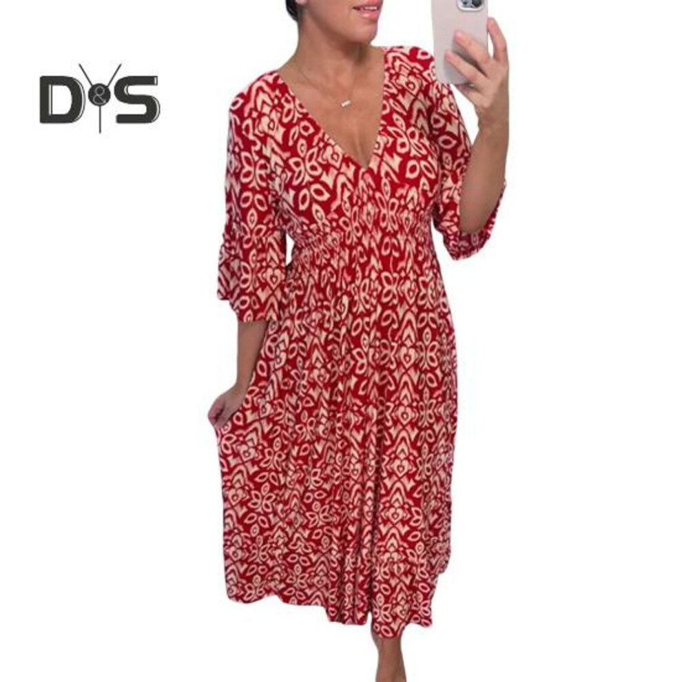 (red, M) Women's Summer Floral Boho Dress V Neck Short Sleeve Ruffle Floral Midi Dress Casual Beach Flowy A-line Sundress