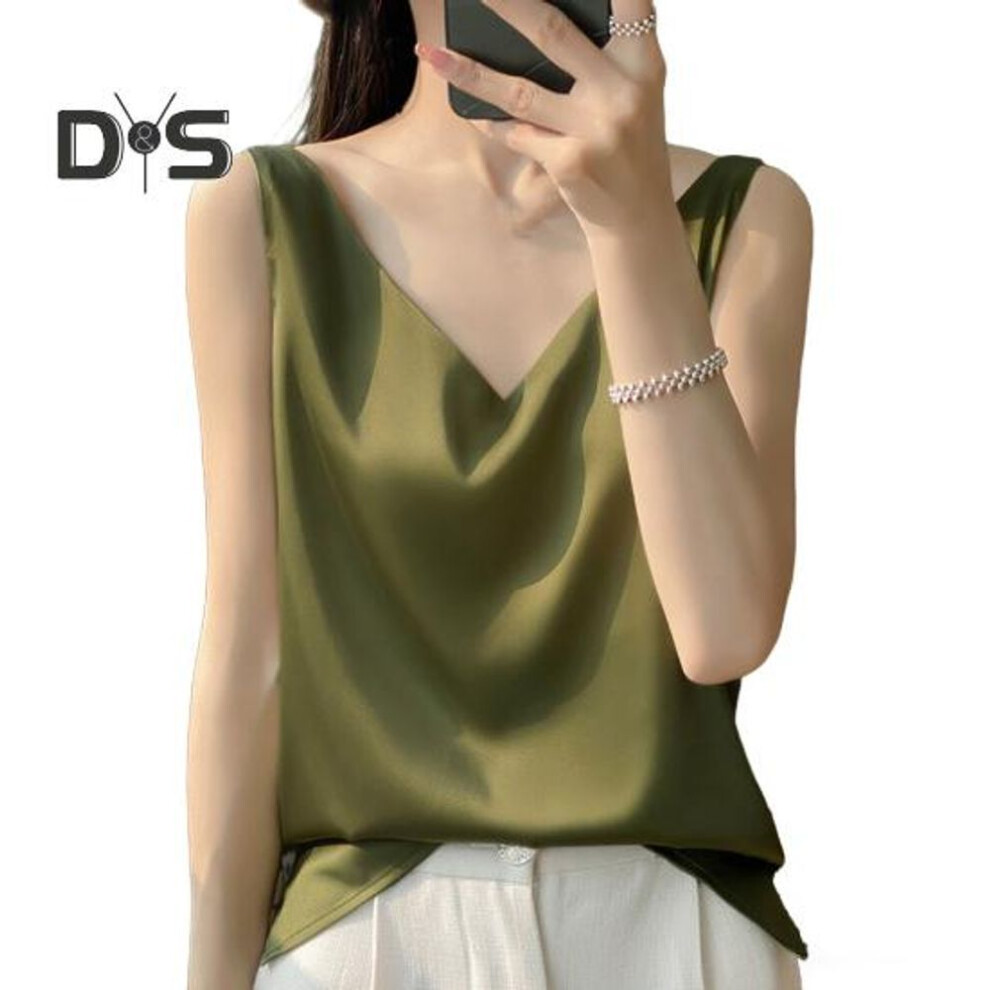 (XL, green) Women Vest V-Neck Sleeveless Solid Color Tank Tops Loose Fit Smooth Satin Bottoming Tops Versatile Daily Wear