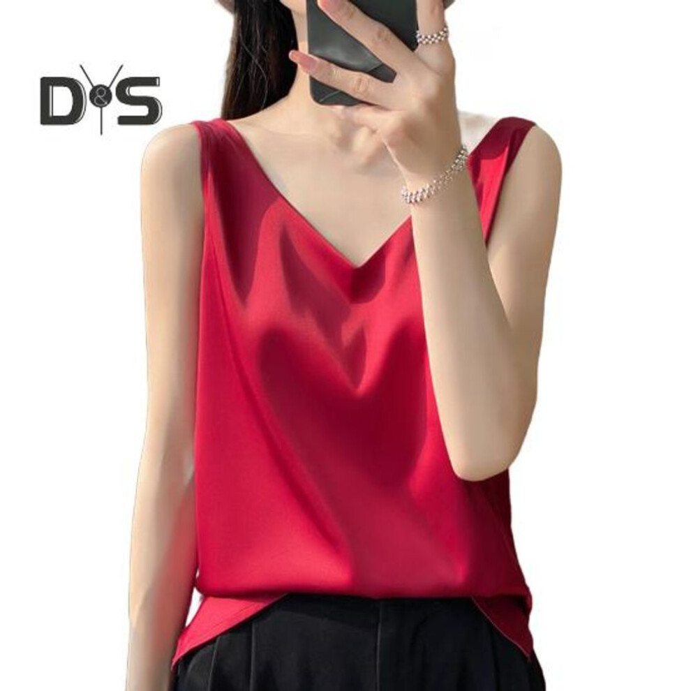 (2XL, wine red) Women Vest V-Neck Sleeveless Solid Color Tank Tops Loose Fit Smooth Satin Bottoming Tops Versatile Daily Wear