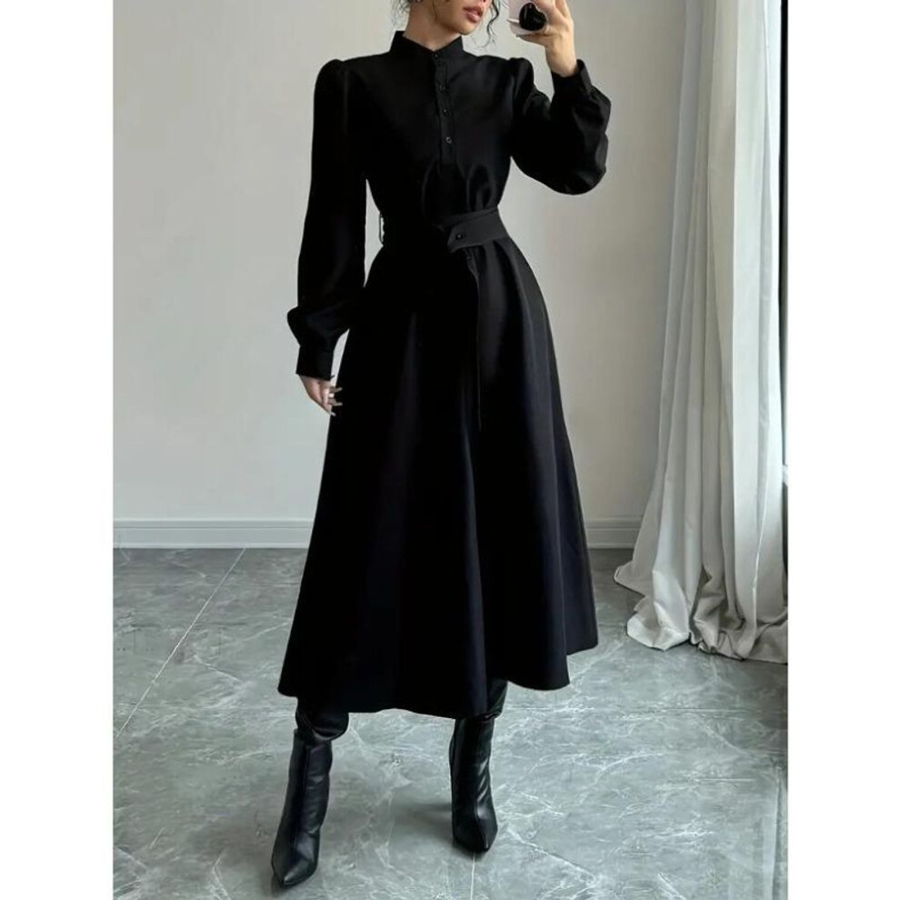(black, 2XL) Women's Elegant Waist Slim Button Solid Colour Long Sleeve Shirt A-Line Dresses