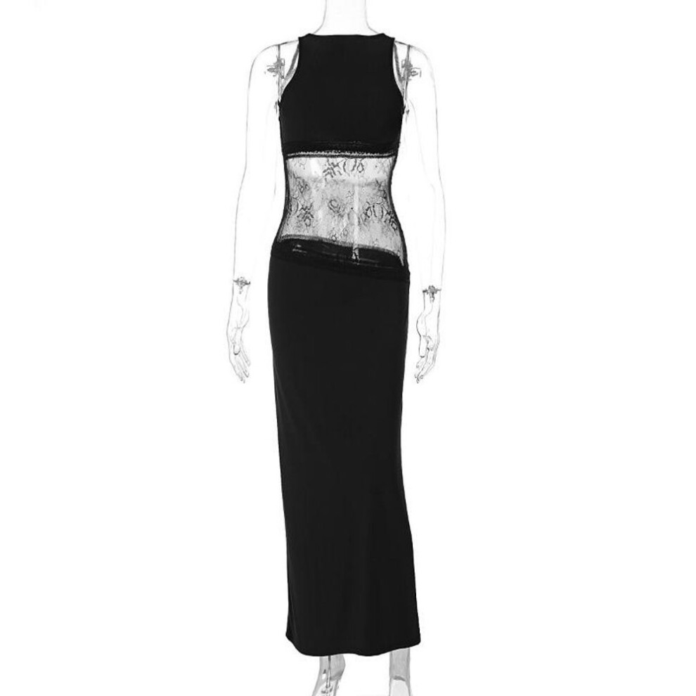 (black, L) Spring Fashion Women's Sexy Hollow Backless Sleeveless Stitching Lace Mid-waist Perspective Long Dress