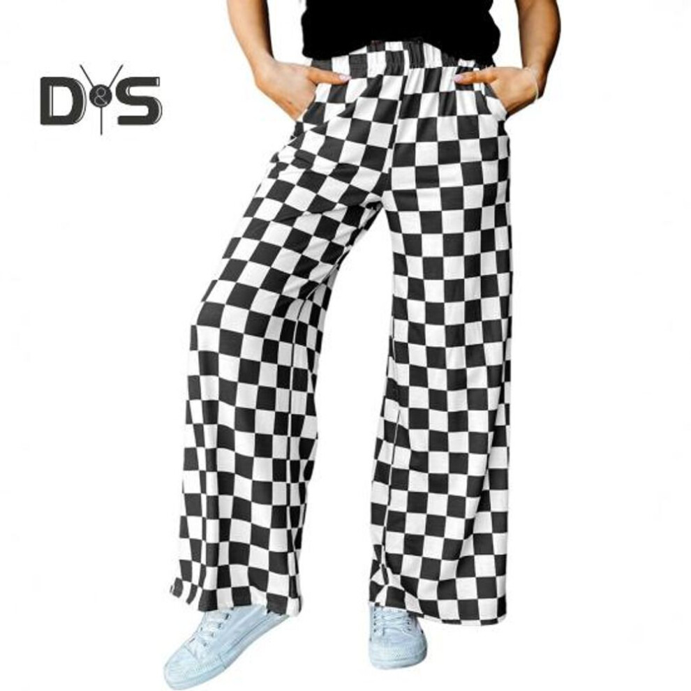 (black, M) Women Pants Elastic High Waist Plaid Print Wide Leg Casual Pants Loose Fit Trousers Vacation Work Daily Wear