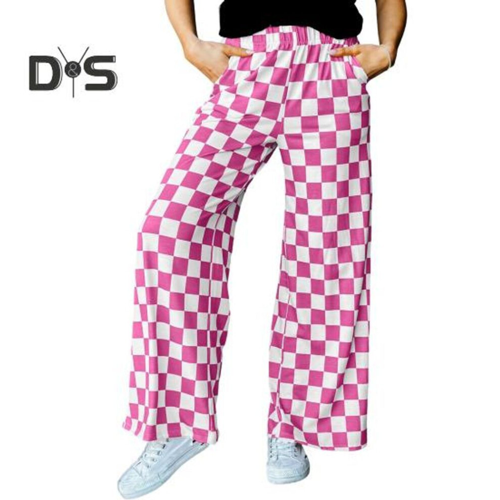 (rose red, XL) Women Pants Elastic High Waist Plaid Print Wide Leg Casual Pants Loose Fit Trousers Vacation Work Daily Wear
