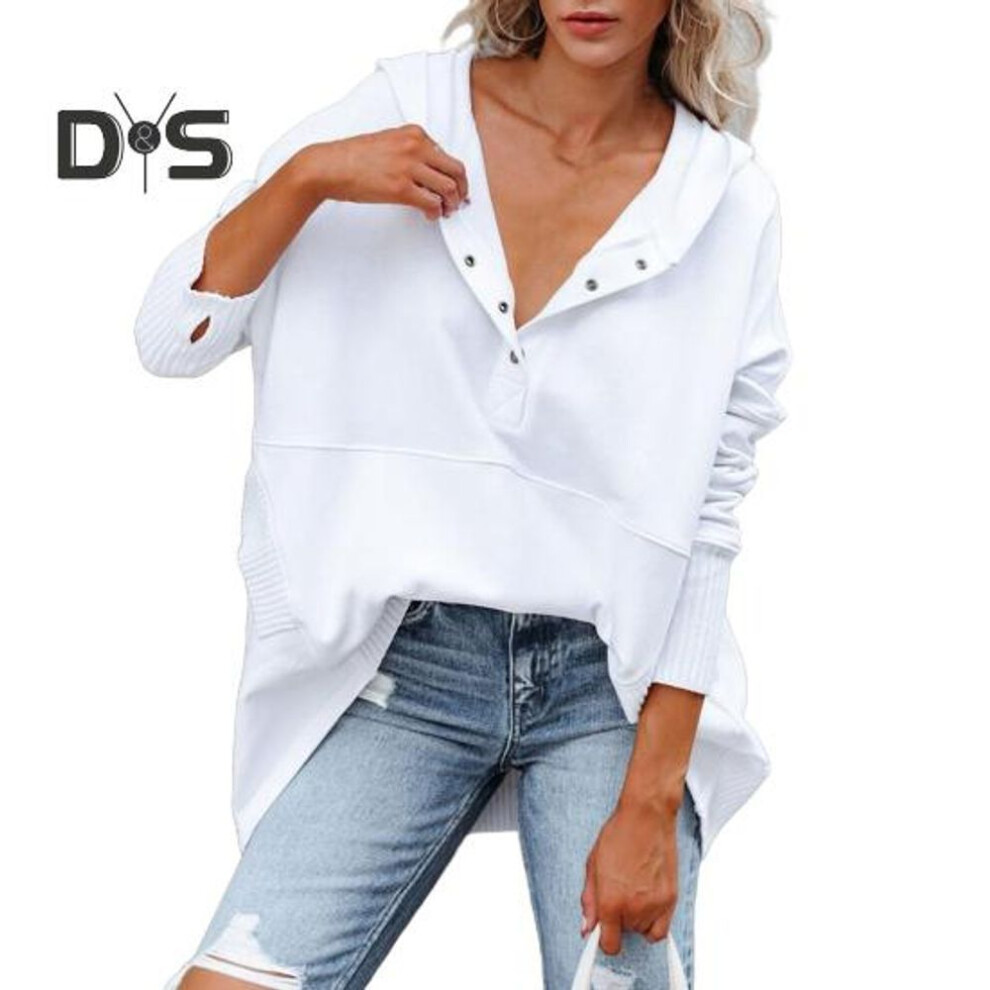 (XXL, white) Women's Oversized Hoodie Sweatshirt Button Up V Neck Long Sleeve Pullover Top with Pockets for Spring Fall Winter