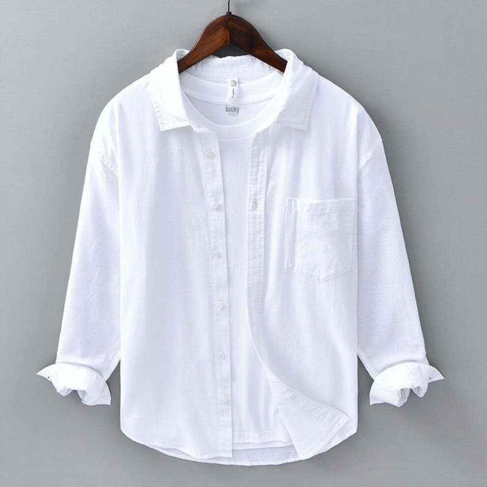 (L, white) Men's Casual Linen Long-Sleeve Shirt - Spring/Summer Business Literary Style