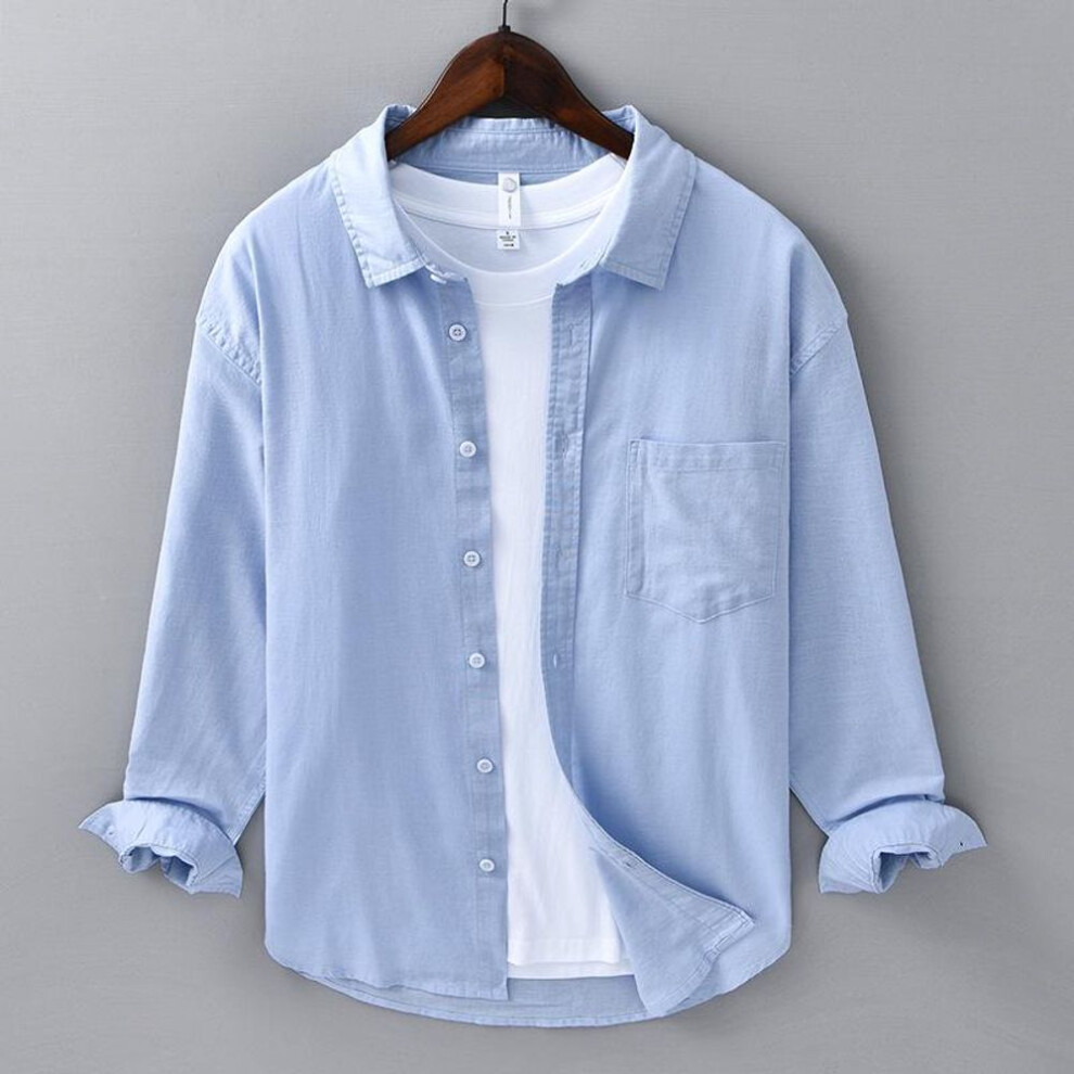 (M, blue) Men's Casual Linen Long-Sleeve Shirt - Spring/Summer Business Literary Style