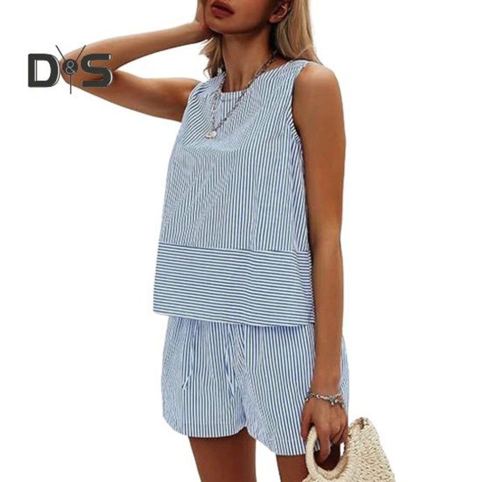 (blue, XXL) Women's Summer 2 Piece Outfits Sleeveless Tank Top Shorts Sets Casual Striped Sweatsuits Vacation Beach Matching Set