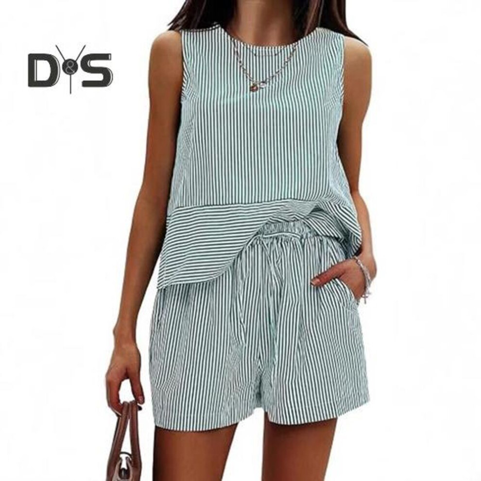 (green, S) Women's Summer 2 Piece Outfits Sleeveless Tank Top Shorts Sets Casual Striped Sweatsuits Vacation Beach Matching Set