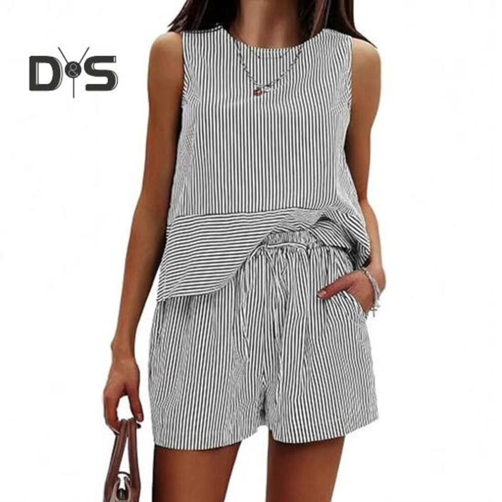 (black, XL) Women's Summer 2 Piece Outfits Sleeveless Tank Top Shorts Sets Casual Striped Sweatsuits Vacation Beach Matching Set