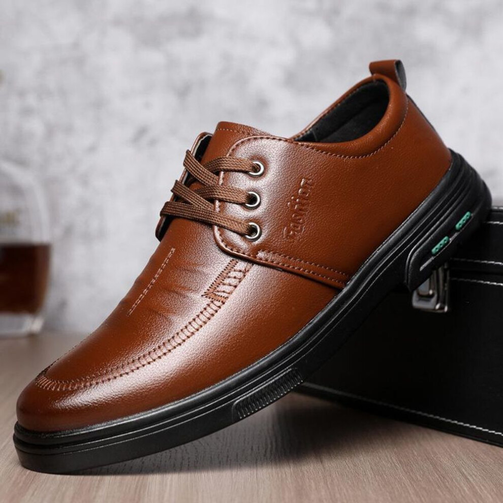 (brown, 079 Lace-up, size 41) Four Seasons Men's Leather Slip-On Casual Shoes - Non-Slip Rubber Sole, Wear-Resistant, Lightweight, All-Match Driving Shoes.