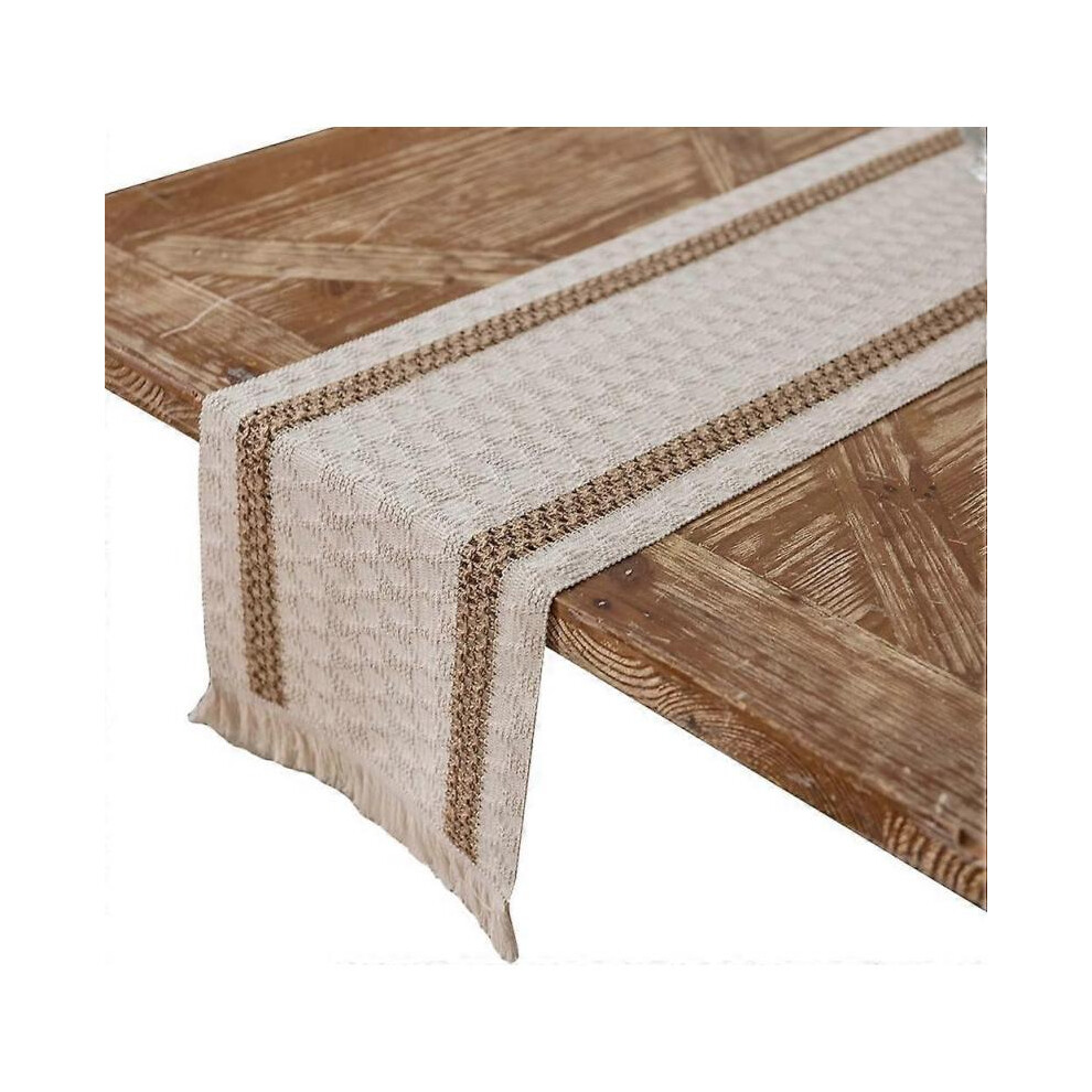 Farmhouse Table Runner Hand Woven Cotton and Burlap Splicing Table Runner with Tassels