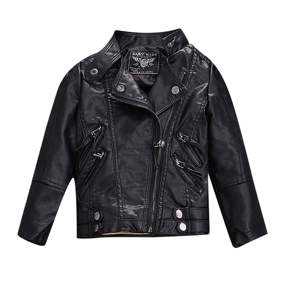 (black, 100) Children's Leather Jackets, Korean Style Boys' And Girls' Jackets, Stand Collar Children's Leather Jackets