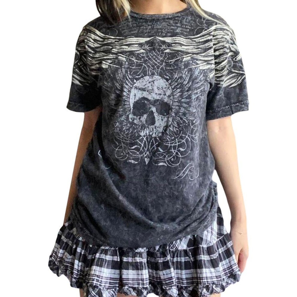 (L, black,grey) Women's Round Neck T-Shirts, Gothic Short Sleeve Skull Wings Print Relaxed Fit Tops