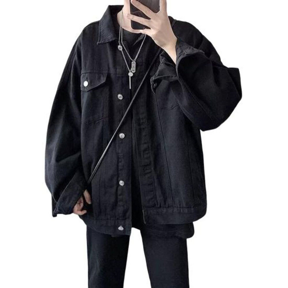 (black, M) Men Cargo Coat Lapel Multi Pockets Single Breasted Denim Coat Casual Sporty Style Denim Jacket Streetwear