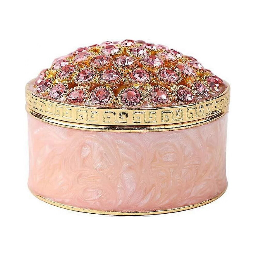 Round Jewelry Box Hinge Crystal Enamel Jewelry Ornament Jewelry Ring Storage Box (Pink)