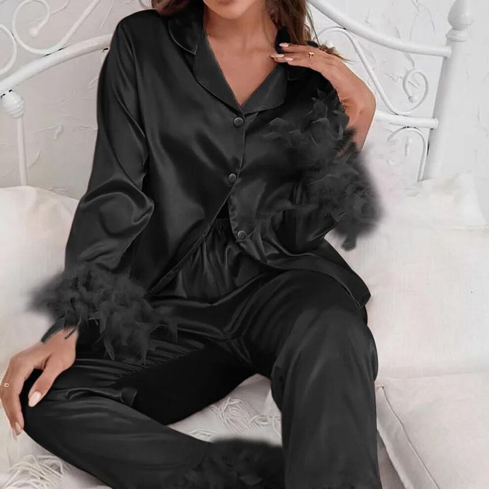 (XL, black) Ice Silk Pajamas For Women Feather Long Sleeve Home Suit Shirt Pants Suit Satin 2 Piece Set Female Button Sleepwear Loungewear
