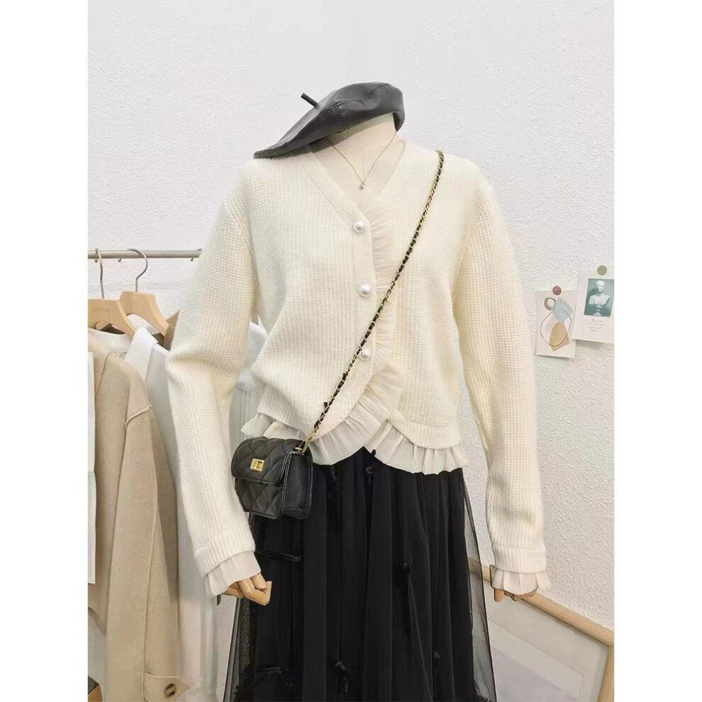 (One Size, cream,white) 2024 Spring/autumn Women's Stylish Knitted Cardigan Jacket