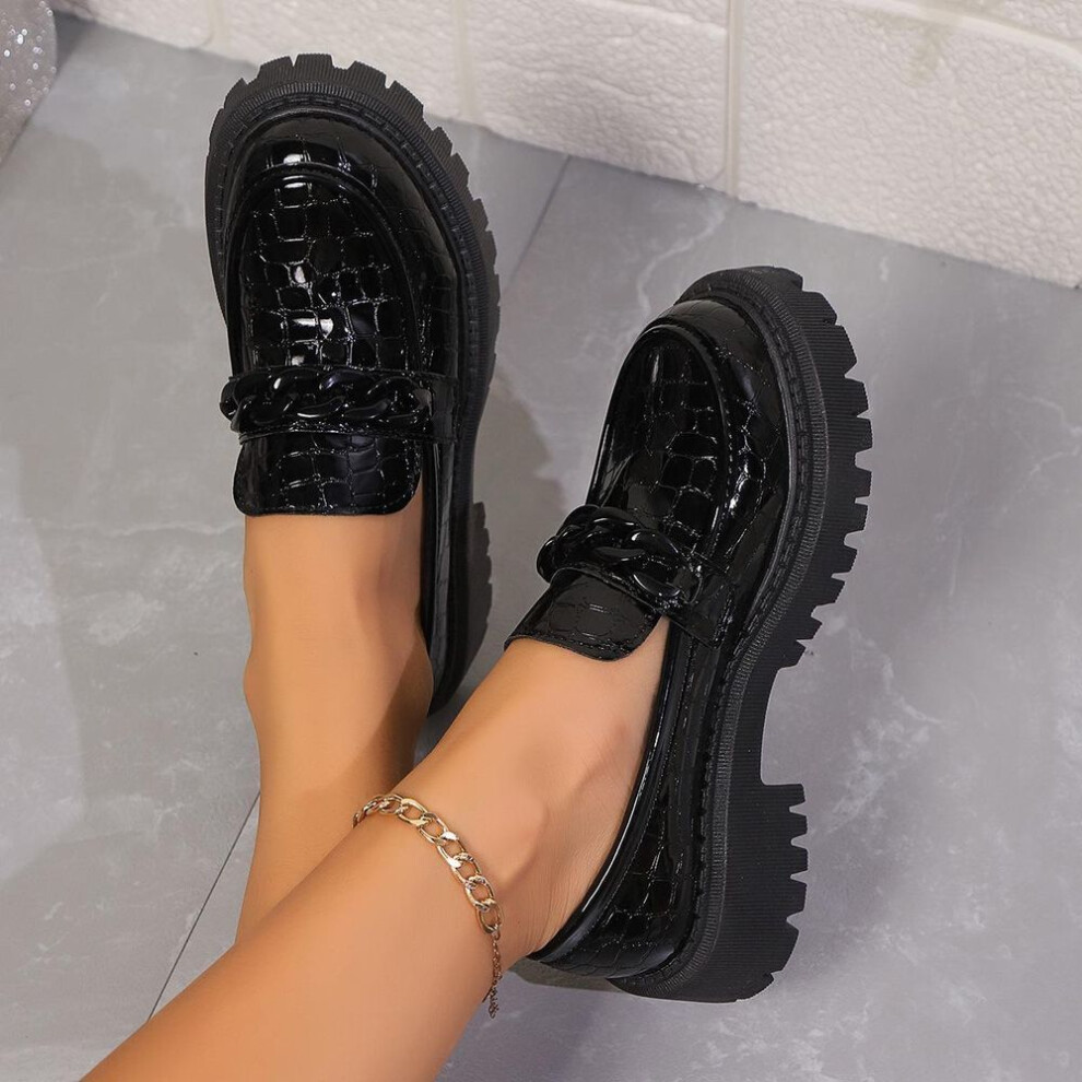 (black, 38) Women's Plus Size Retro Crocodile Pattern Black Loafers - Thick Sole Patent Leather Shoes