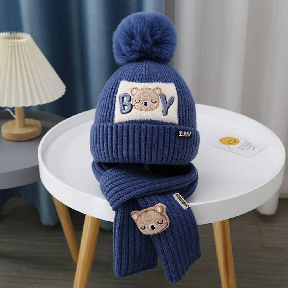 (dark blue, BY Cartoon Bear with Closed Eyes) 2024 Kids' Hat and Scarf Set: Velvet-Lined, Knitted Wool, Cozy for Autumn & Winter