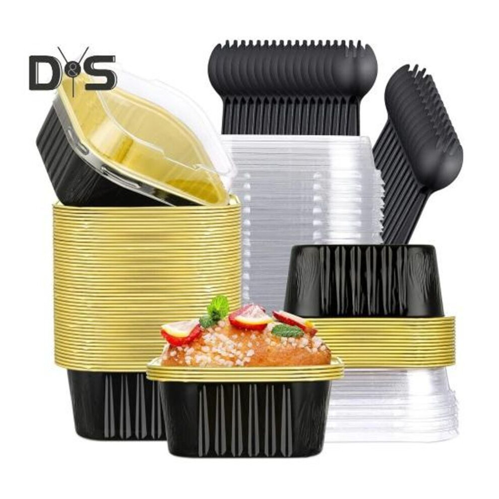 (black) 50Pcs Square Mini Cake Pans with Lids Spoons Aluminum Foil Baking Cups Disposable Ramekins Cupcake Cups 5oz Easy-to-Use Dessert Cups for Wedding