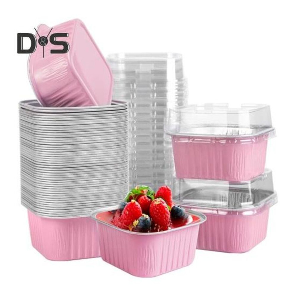 (pink) 50Pcs Square Mini Cake Pans with Lids Spoons Aluminum Foil Baking Cups Disposable Ramekins Cupcake Cups 5oz Easy-to-Use Dessert Cups for Wedding
