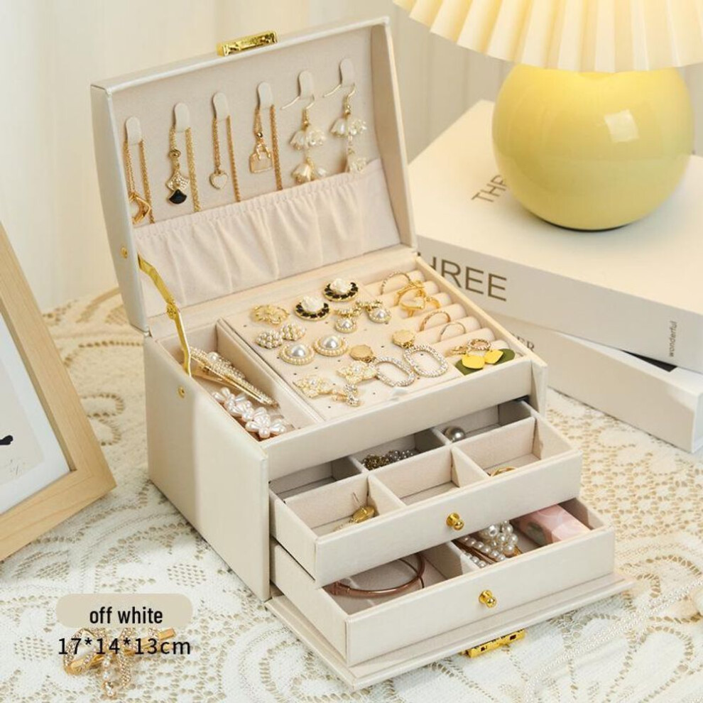 (off white, 17*14*13cm) Elegant Multi-Layer Chinese-Style Jewelry Storage Box for Earrings, Bracelets, and Rings