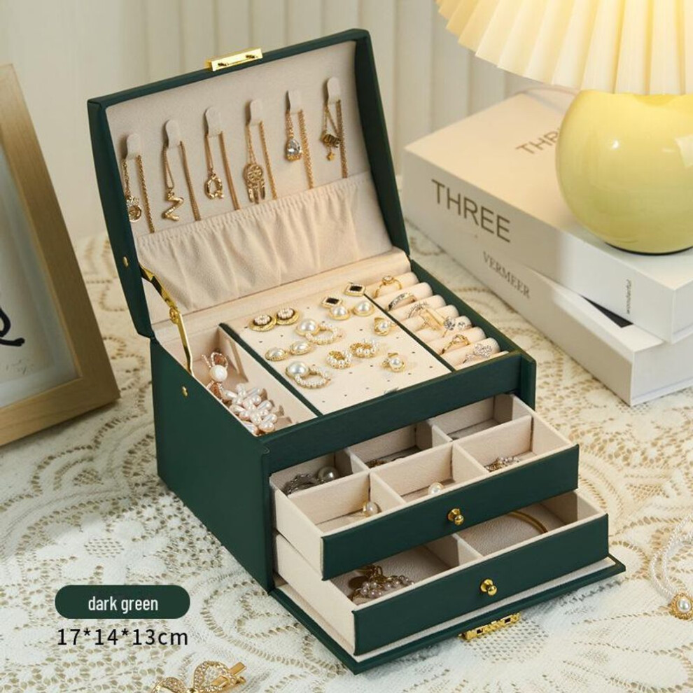 (dark green, 17*14*13cm) Elegant Multi-layer Chinese-style Jewelry Storage Box For Earrings, Bracelets, And Rings