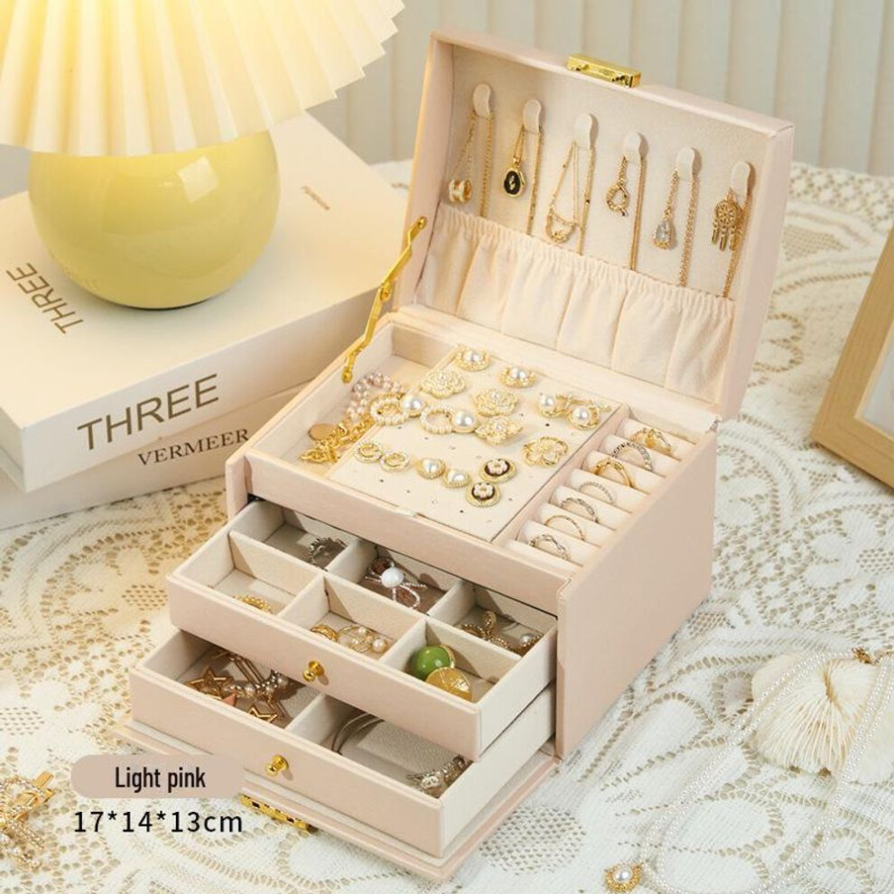 (light pink, 17*14*13cm) Elegant Multi-layer Chinese-style Jewelry Storage Box For Earrings, Bracelets, And Rings