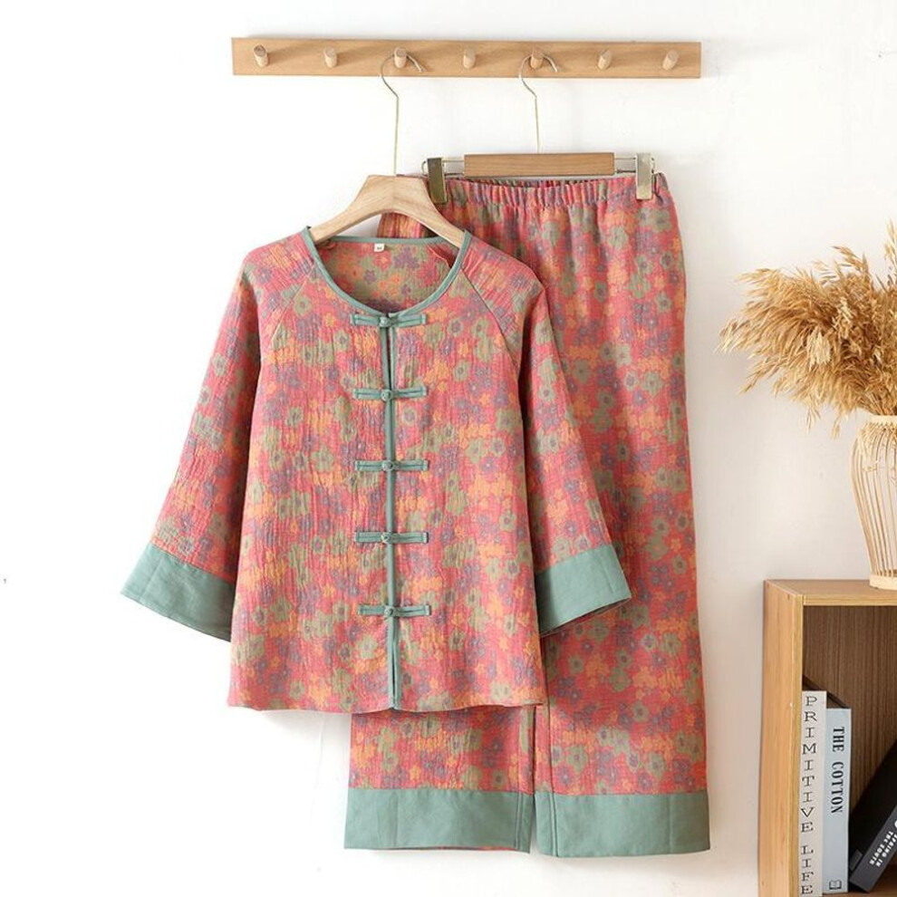 (XL, as the picture) Cotton Jacquard Gauze Women's Pajamas Spring Long Sleeves Trousers Household Clothes FROG Cuff Splicing Sleepwear