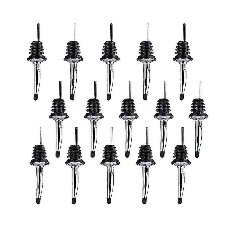 15 stainless steel quick pourers for liquor bottles with tapered spouts and rubber caps, ideal for bars and restaurants