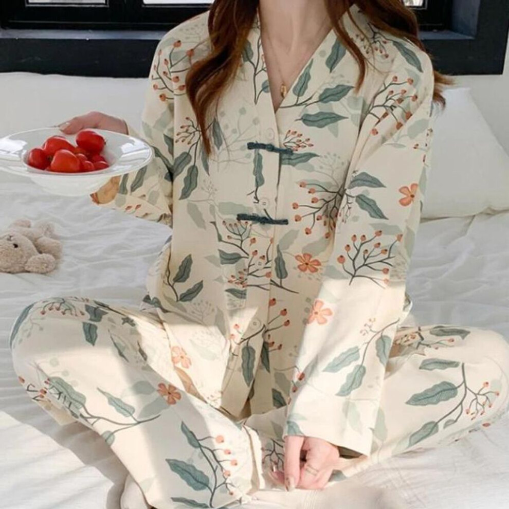 (L, beige) Autumn Winter New Pure Cotton Women's Home Clothes V-neck Cardigan Two-piece Set Fallow Long Sleeve Luxury Women's Pajamas