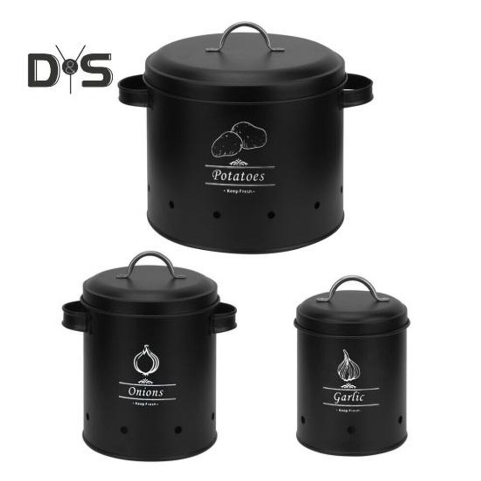 (black, 3pcs) 3pcs Metal Storage Bucket Set With 360-degree Ventilation System Large Capacity Multipurpose Garlic Potato Storage Box