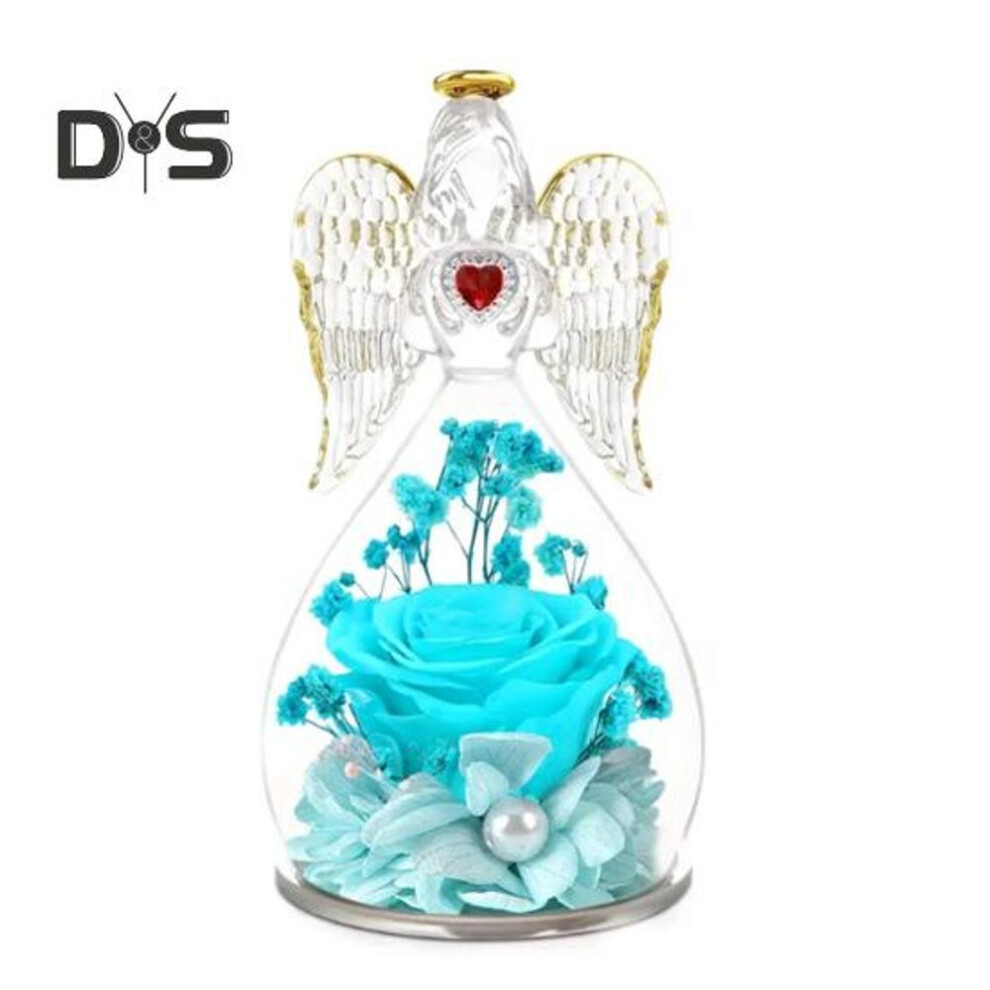 (light blue) Angel Rose Figurines for Women Eternal Real Roses in Glass Dome Preserved Flower Glass Angel Romantic Gift for Mother's Day Christmas Birthday