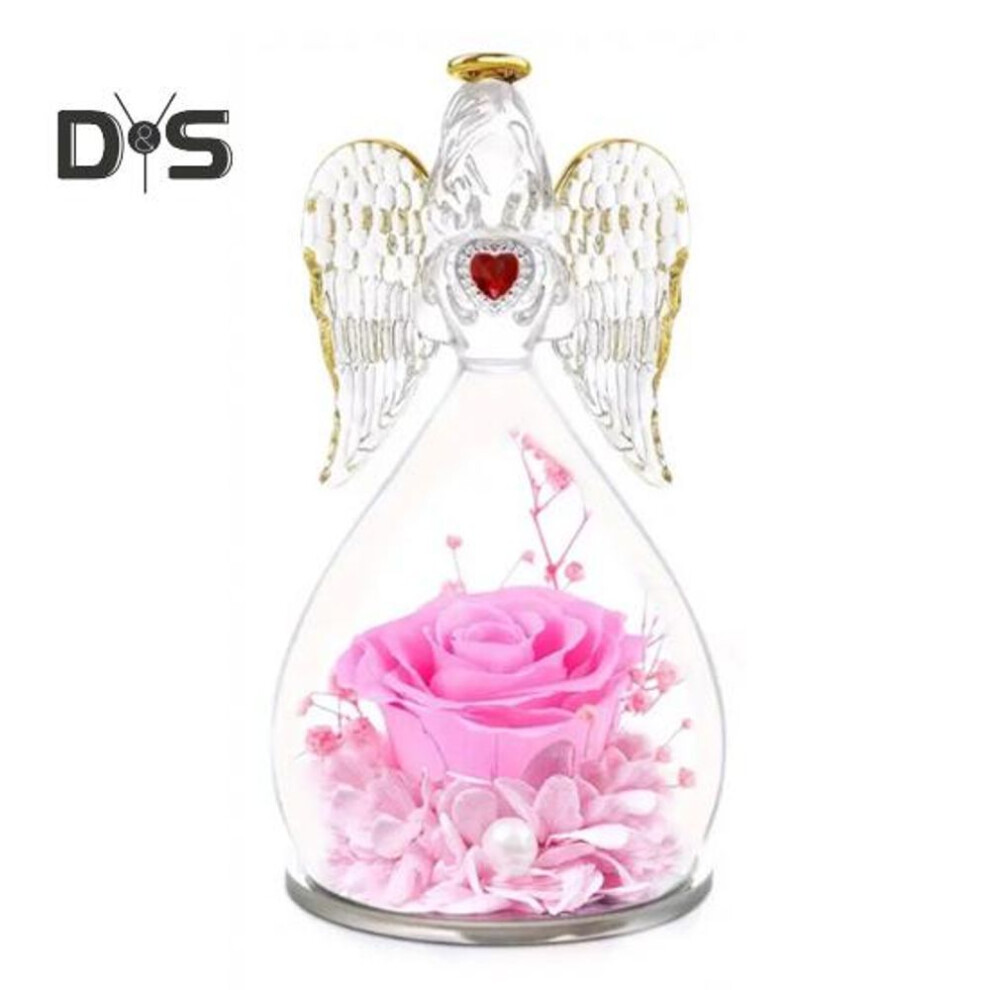(pink) Angel Rose Figurines for Women Eternal Real Roses in Glass Dome Preserved Flower Glass Angel Romantic Gift for Mother's Day Christmas Birthday