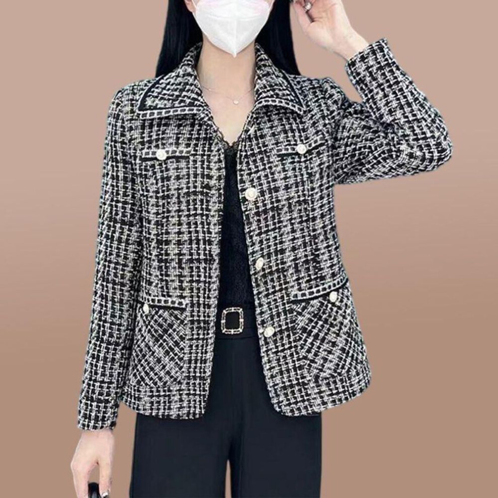 (black, 4XL (135-150 jin)) Women's 2023 Spring/Autumn French-Style Short Plaid Jacquard Jacket