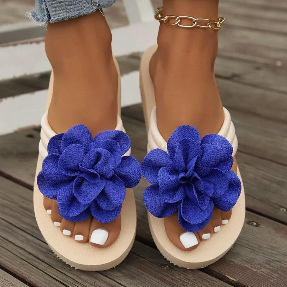 (blue, 42) Large Women's Shoes, Summer Slippers, Flower Flip Flops, Thick Soled Slippers, Casual and Versatile, Lightweight Beach Shoes