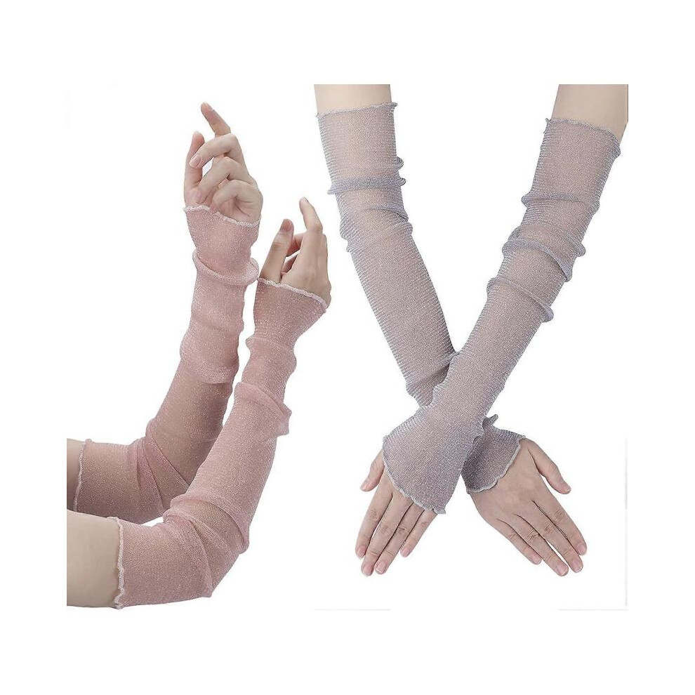 2 Pairs Women's Long Ultra-Thin Lace Gloves Sun UV Protection, Cooling Mesh Tulle Sunscreen Sleeves