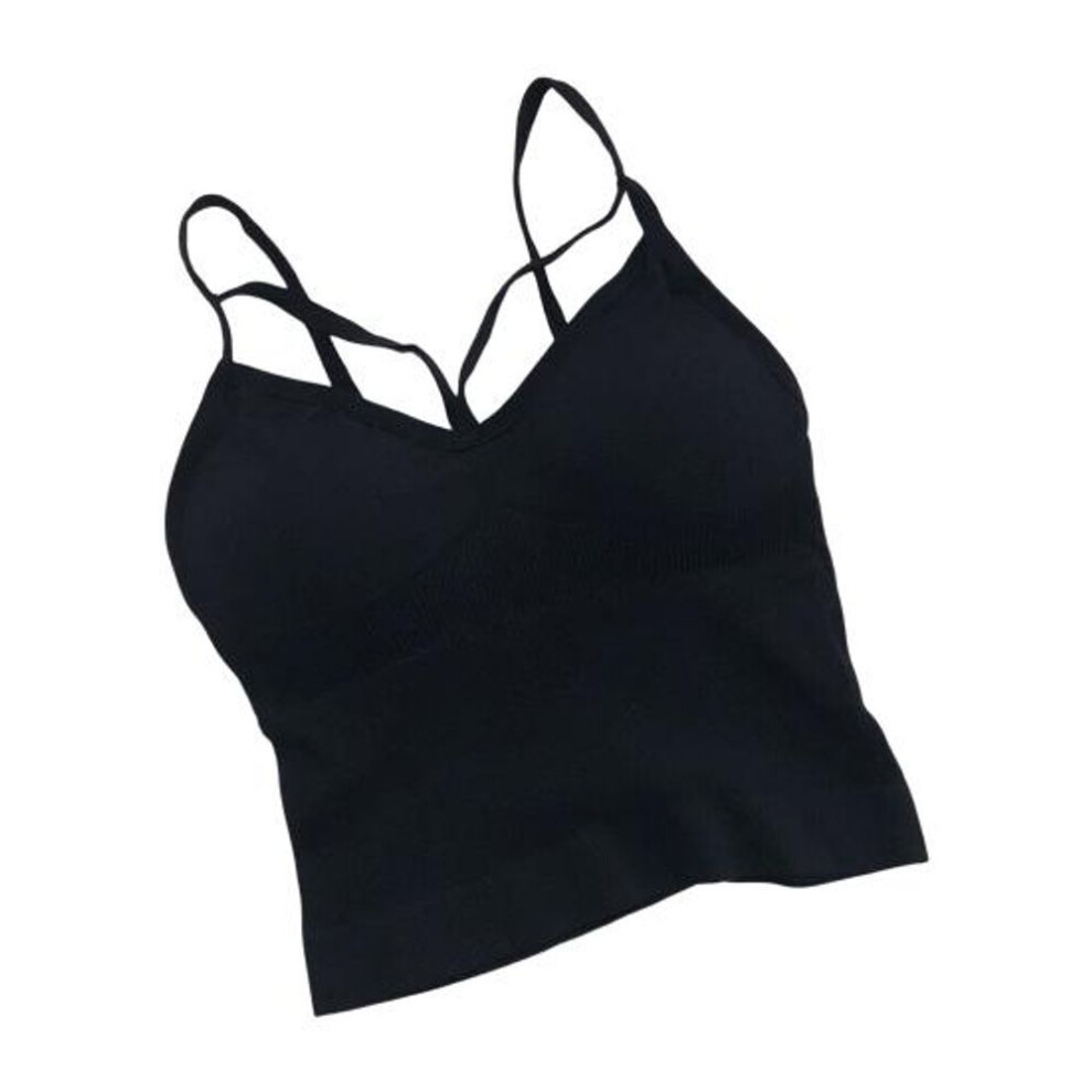 (black) Women Vest Seamless Padded Slim Fit Solid Color Backless Elastic Summer Camis Tank Top Lady Bottoming Inner Outer Wear Bra Top