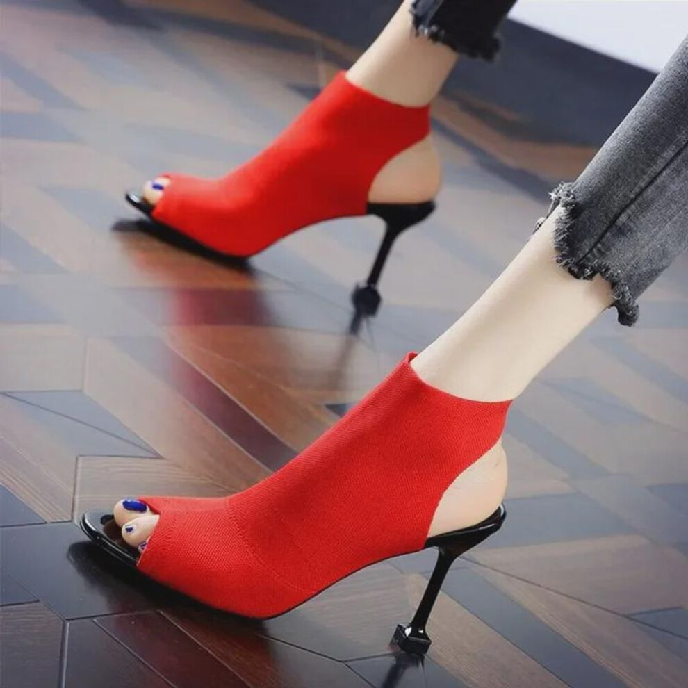 (red, 34) European & American Fish Mouth Open Toe Stiletto Knit Elastic High Heel Sandals For Women - Summer Roman Style.
