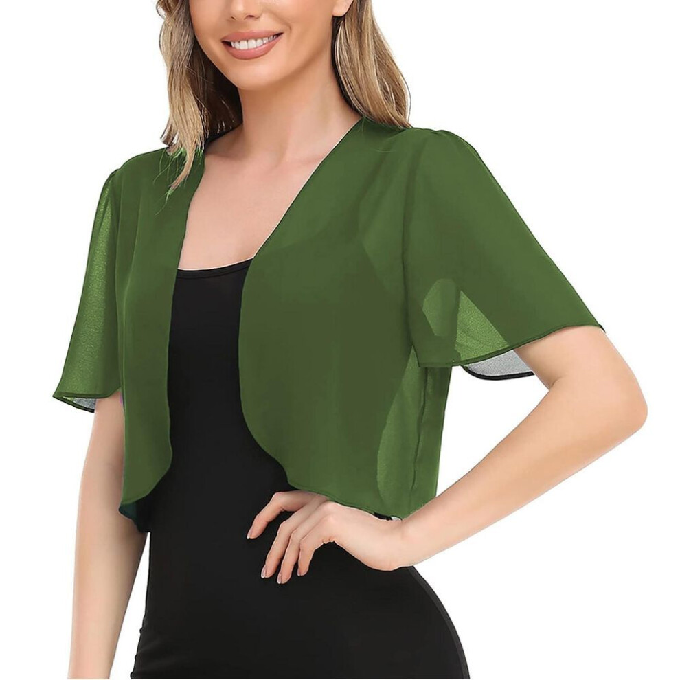 (2XL, green) Women's Casual Solid Color Round Neck Chiffon Short Sleeve Cardigan Top Jacket