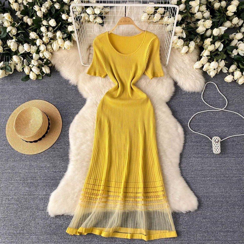 (yellow, One Size) Sexy Elegant Mesh Patchwork Short Sleeve Dress Vestidos Slim Women Summer Party French Vintage Sweet Beach Dresses
