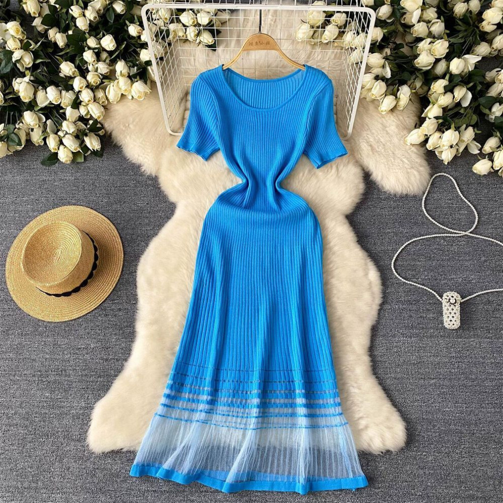 (blue, One Size) Sexy Elegant Mesh Patchwork Short Sleeve Dress Vestidos Slim Women Summer Party French Vintage Sweet Beach Dresses