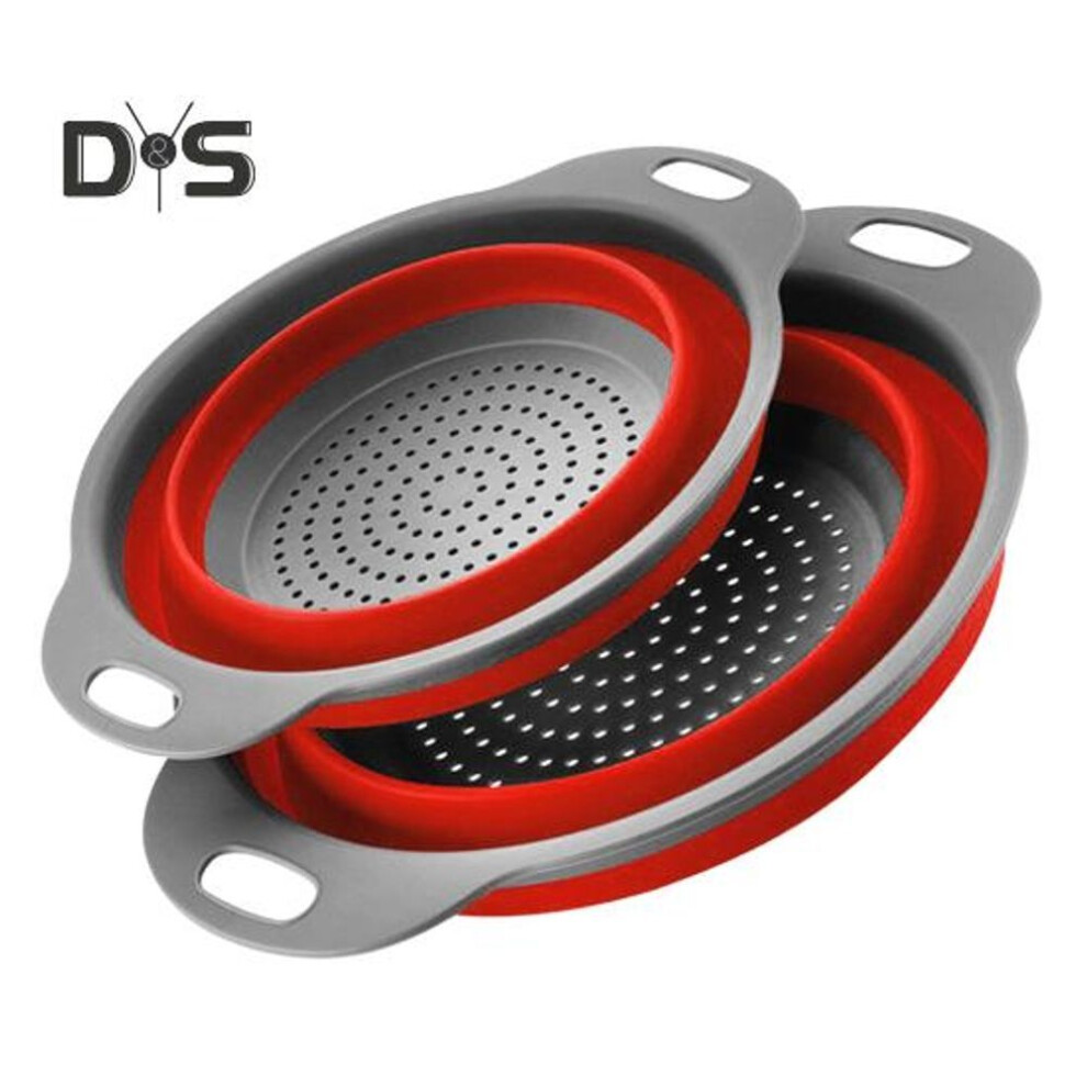 (red) 2pcs Collapsible Colander And Strainer Heavy Duty Kitchen Drainer Basket For Pasta Space-saving Kitchen Colander Set With Handles