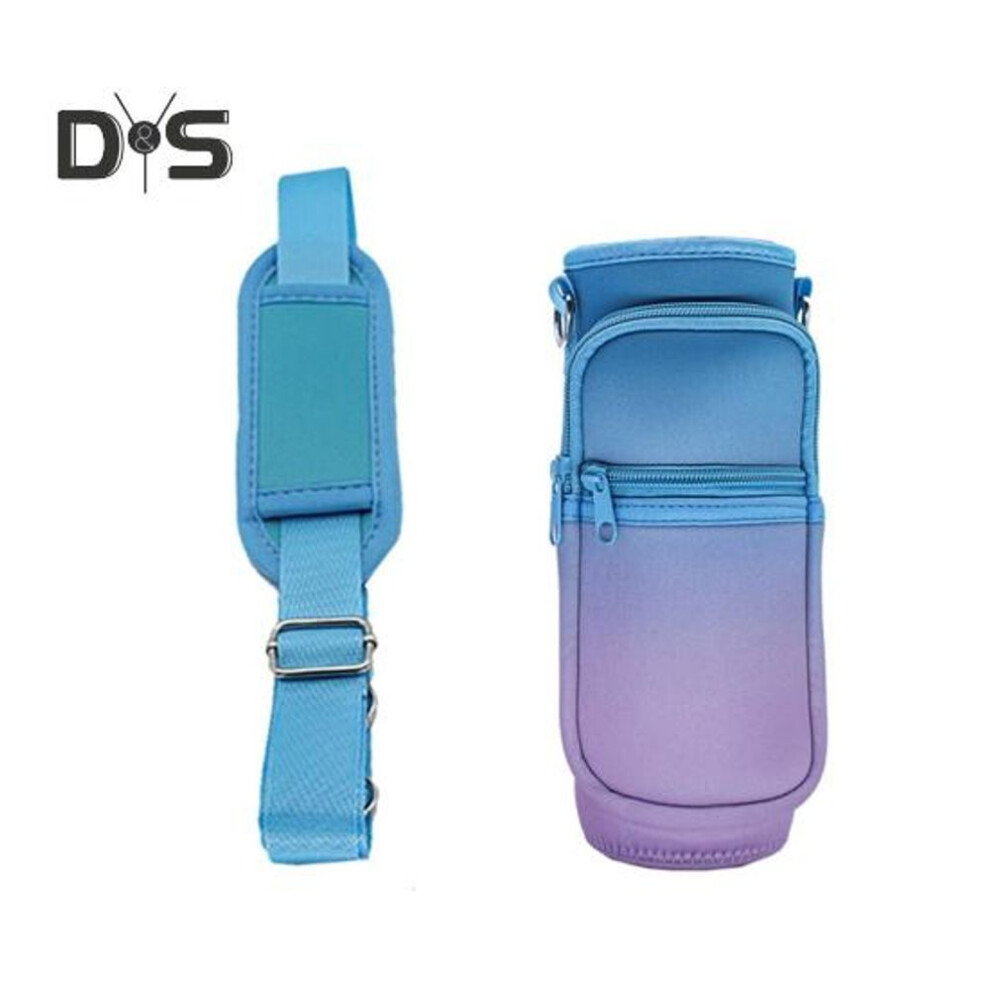 (blue,purple) Water Bottle Carrier Bag with Phone Pocket Neoprene Water Bottle Holder Pouch with Adjustable Strap Flask Sling Bag Drawstring Pouch for Climbing