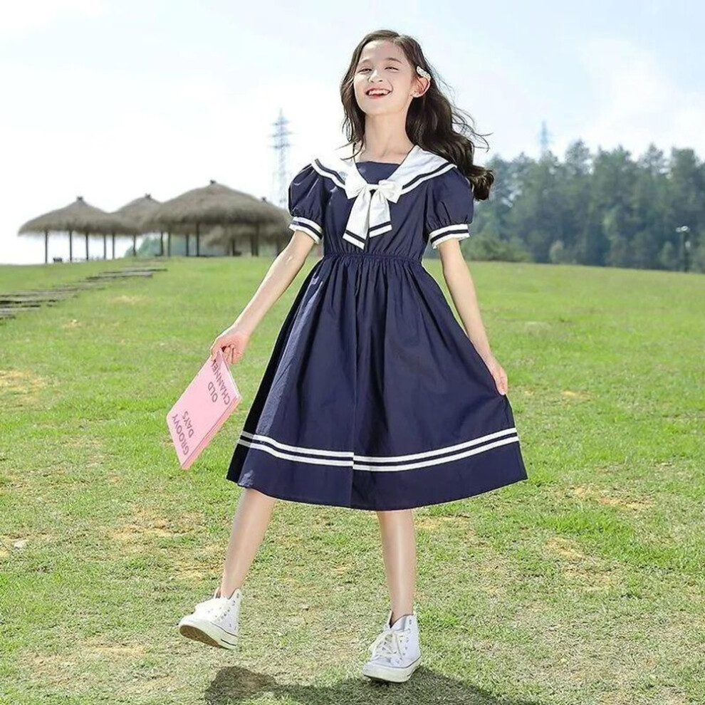 (navy blue, 110 cm) Girls' Summer Puff Sleeve Bow Princess Dress