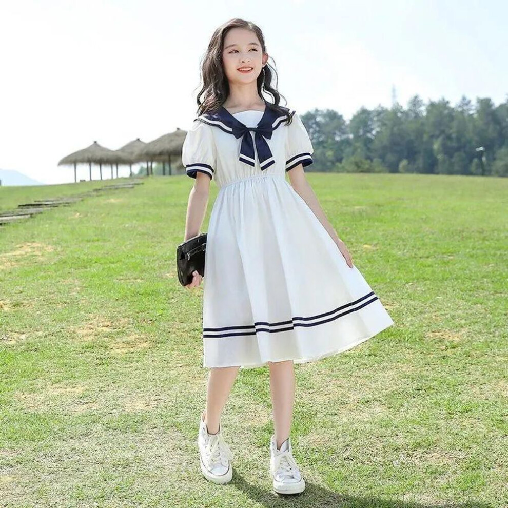 (white, 160 cm) Girls' Summer Puff Sleeve Bow Princess Dress