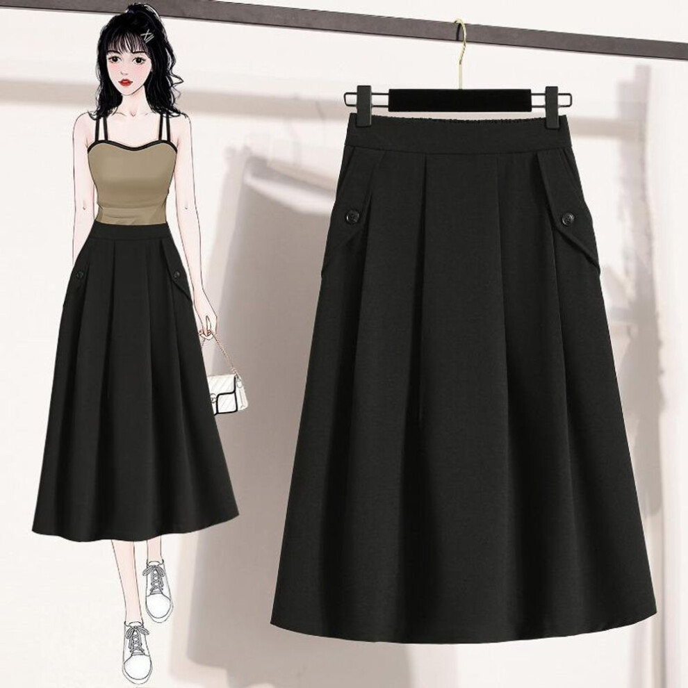 (S, black) Dimanaf 2025 Spring Women New Skirts Plus Size Loose High Waist Vintage Elastic Pleated Elegant Long Skirts Solid