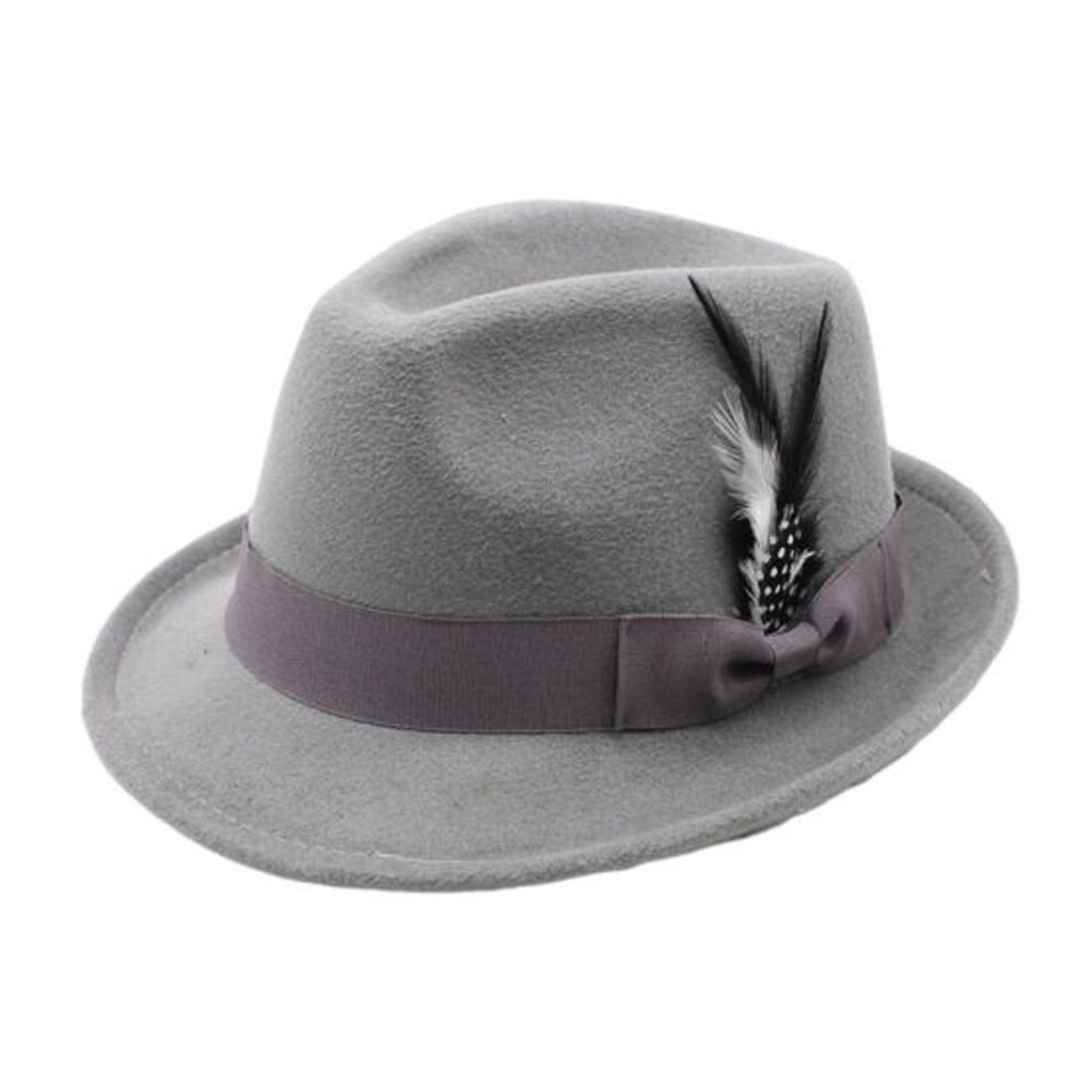 (light grey) Men Fedora Hat Feather And Bow Decor Vintage Short Brim Felt Hat Solid Color Women Panama Hat 1920s Floppy Hat for All-Day Wear