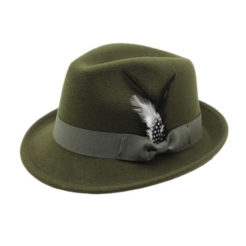 (army green) Men Fedora Hat Feather And Bow Decor Vintage Short Brim Felt Hat Solid Color Women Panama Hat 1920s Floppy Hat For All-day Wear